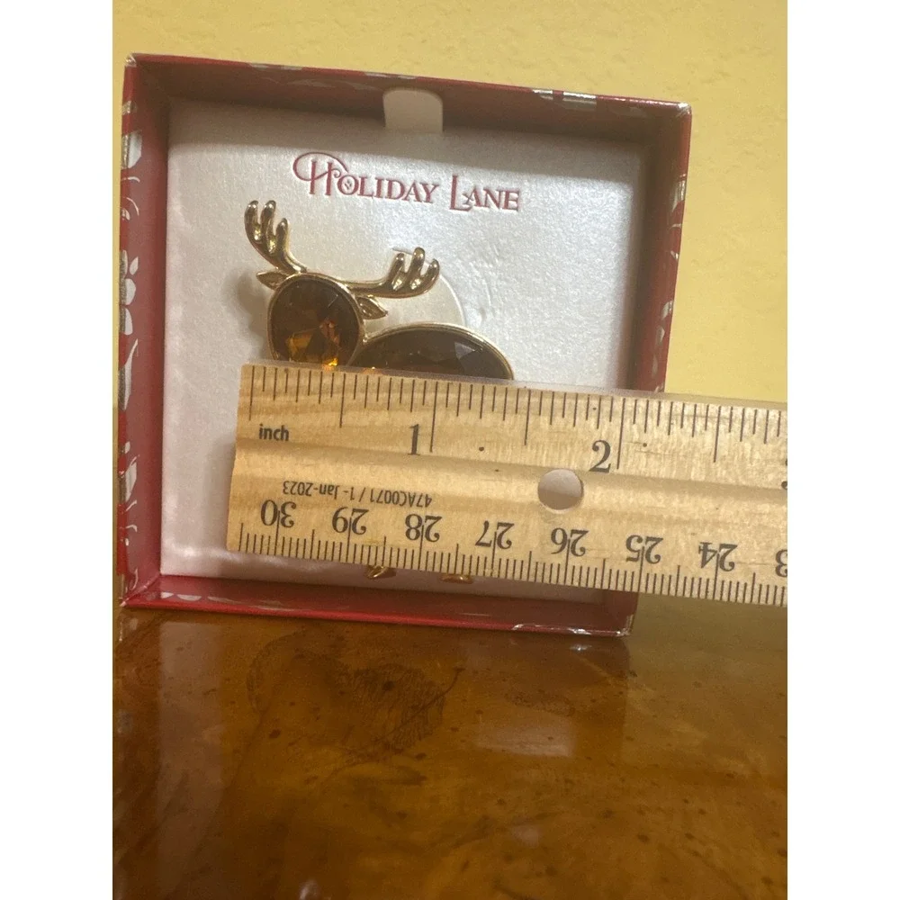 Macys Holiday Lane Rudolph Red Nose Reindeer Brooch Gold Tone Amber Crystal Pin